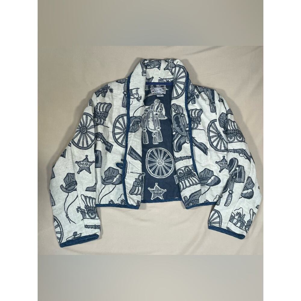 Vintage Western Print Cropped Jacket - Navy & White